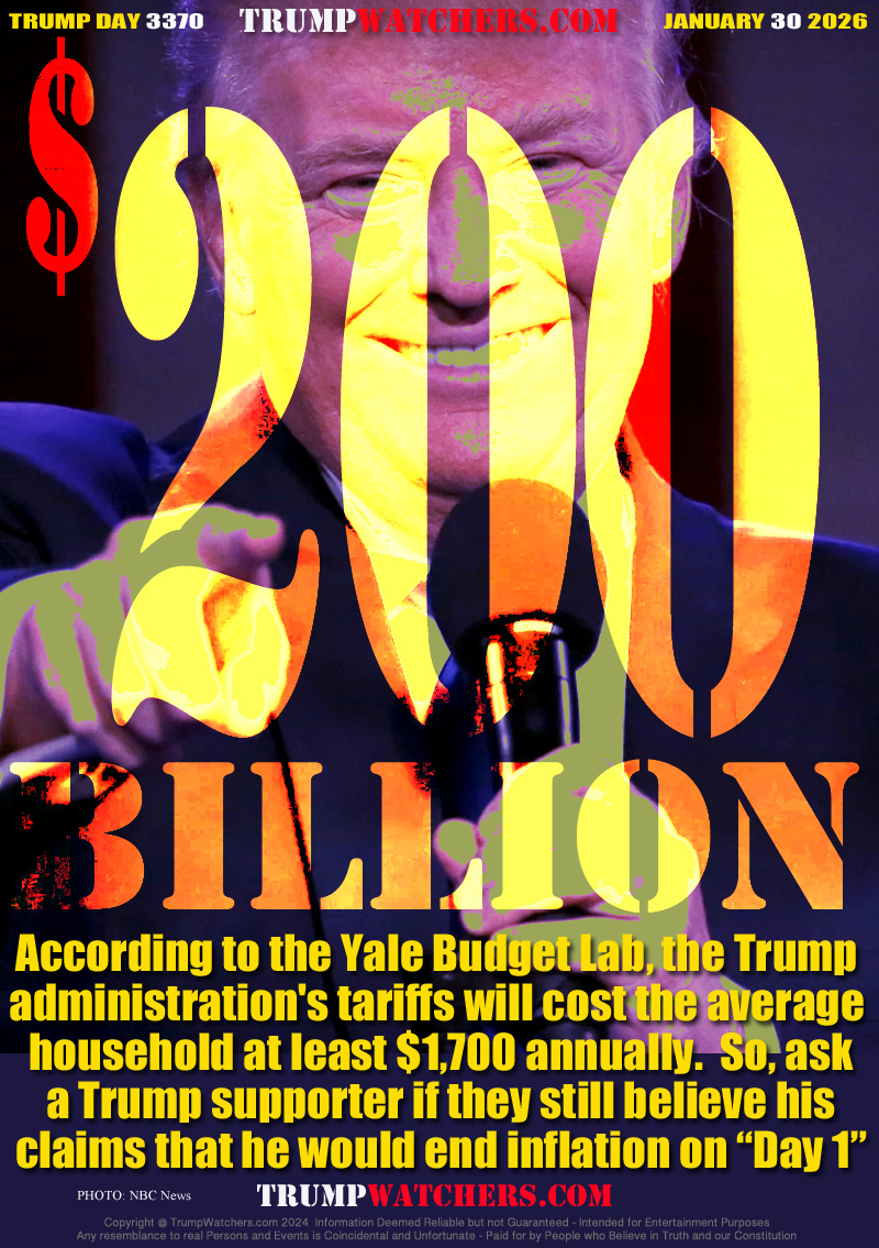 According to the Yale Budget Lab, the Trump 
administration's tariffs will cost the average 
household at least $1,700 annually.  So, ask
a Trump supporter if they still believe his
claims that he would end inflation on “Day 1”